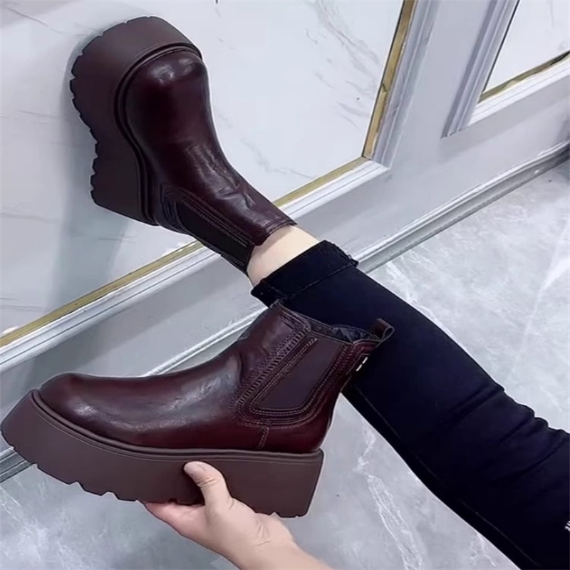 欧洲站切尔西马丁靴女2025秋冬加绒新款厚底增高套筒靴雪地靴圆头