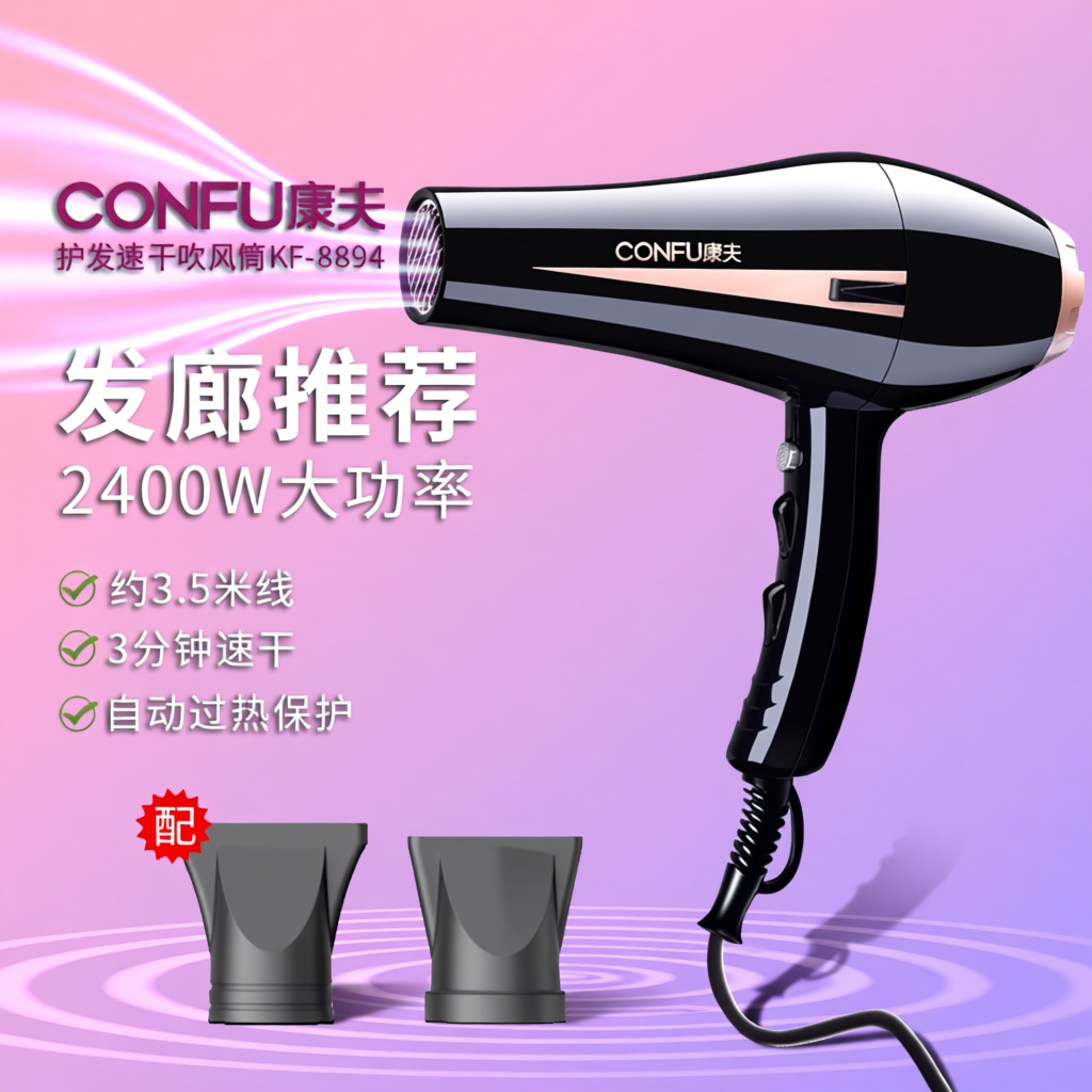 康夫吹风机家用大风力电吹风发廊大功率护发专用2400W速干风筒