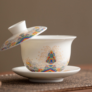 晨翔羊脂玉三才盖碗单个高档家用不烫手泡茶碗白瓷功夫茶具敬茶碗