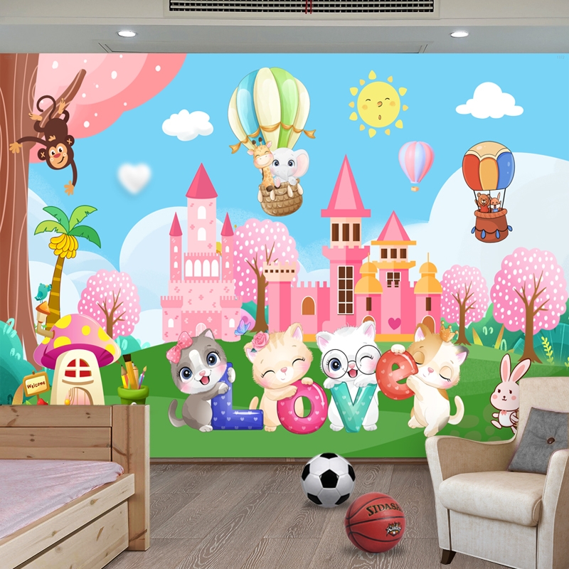 儿童房装饰自粘墙纸壁画海报卡通卧室床头画幼儿园背景自粘画动物图片