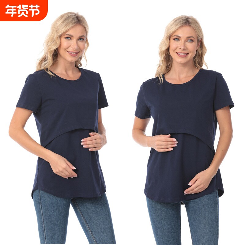 宽松弧形设计哺乳衣外出时尚辣妈孕妇短袖t恤喂奶衣欧美大码女装