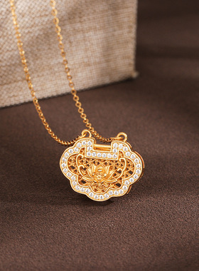 s925纯银传承新款荷花黄金镶钻项链女士如意锁莲花套链气质百搭