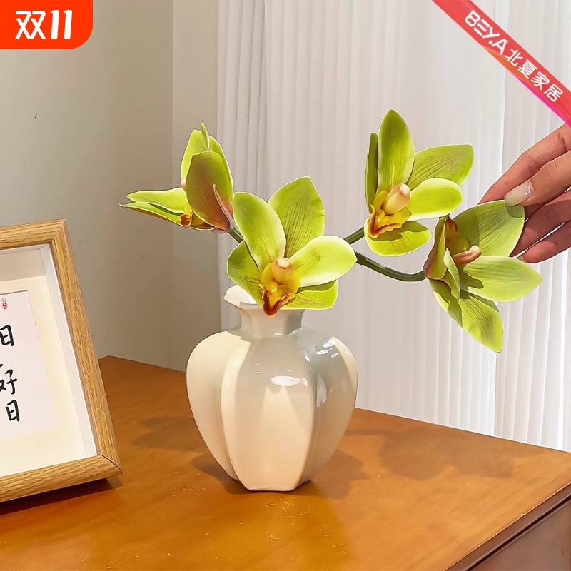 ins风油画蕙兰仿真花假花玄关客厅高档花艺装饰摆设高级花瓶摆件