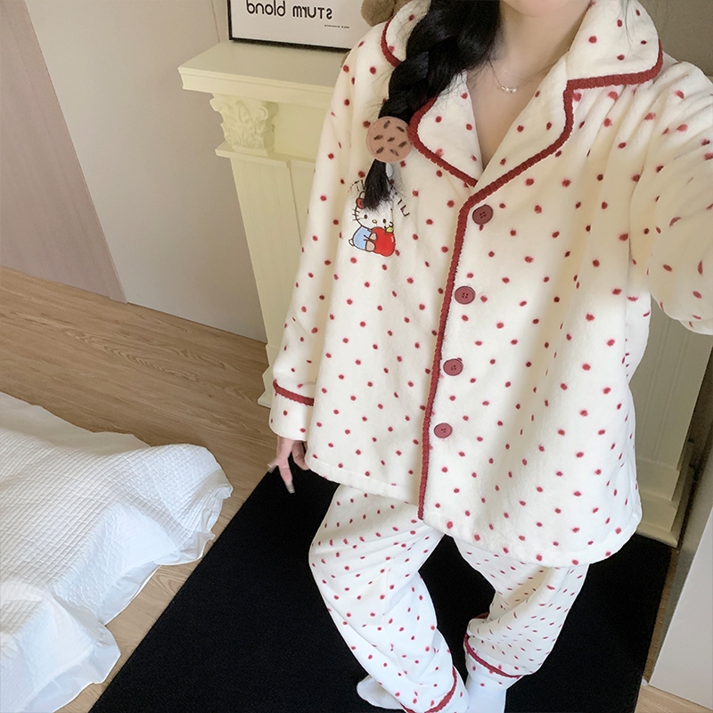 网红风睡衣女秋冬珊瑚绒加绒加厚