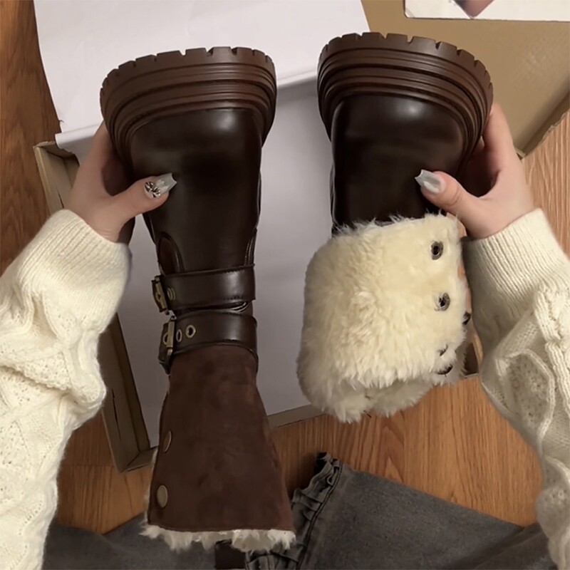 棕色英伦厚底加绒马丁靴女款2025新款冬季保暖加厚雪地短靴子防水