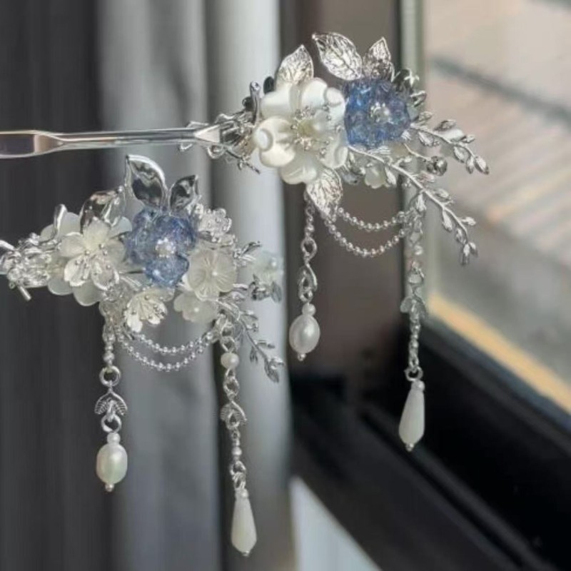 清冷仙韵!蓝白双色古风发簪新中式花朵撞色流苏发簪盘发汉服簪子