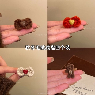 毛绒贴贴~红色蝴蝶结毛线开口戒指女秋冬可爱小众设计夸张食指戒