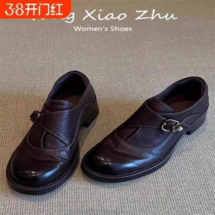 行走的舒适英伦风厚底小皮鞋女皮带扣一脚蹬单鞋粗跟乐福鞋4cm