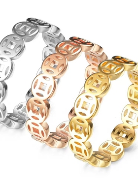 钱多多钛钢戒指铜钱女男士情侣食指对戒小众设计轻奢高级感不掉色