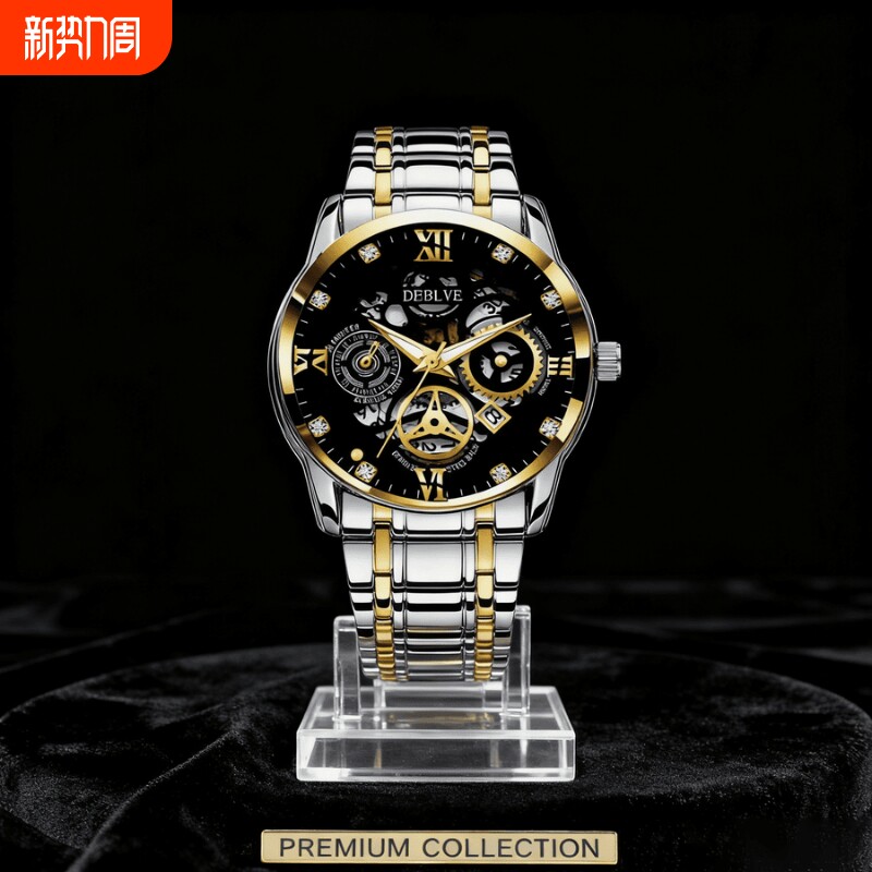 手表男款机械风全自动防水高级感全自动男表数字双日历防水腕表男