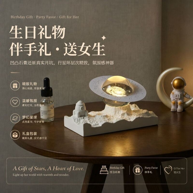 月球银河小夜灯无火香薰礼盒桌面石膏扩香石摆件情人节生日礼物