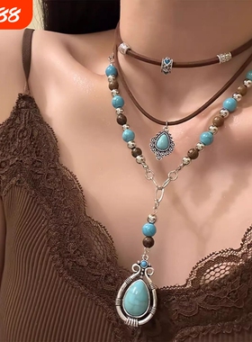 2025新款显眼松石波西米亚复古多层叠戴项链小众设计感锁骨链绿松