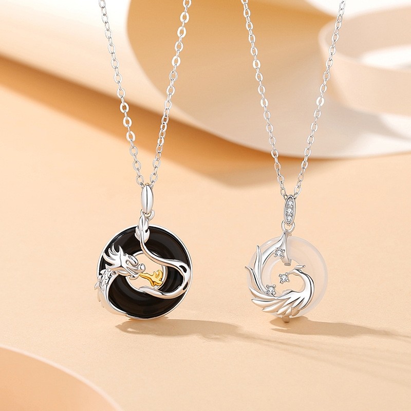 国潮纯银龙凤平安扣情侣项链男女原创生肖龙黑玛瑙吊坠锁骨链首饰