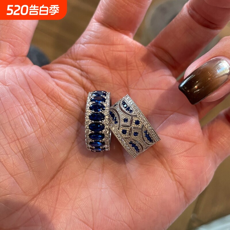 皇家蓝宝石中古食指戒小众设计高级感指环叠戴宽口银戒指