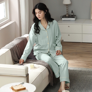 可爱氨纶 休闲简约可外穿家居服套装 2025秋冬纯色睡衣女开衫 长袖