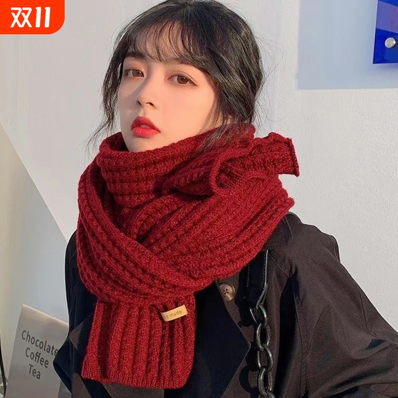 2025年韩版针织毛线红色围巾女秋冬季新款百搭高级感加厚保暖围脖