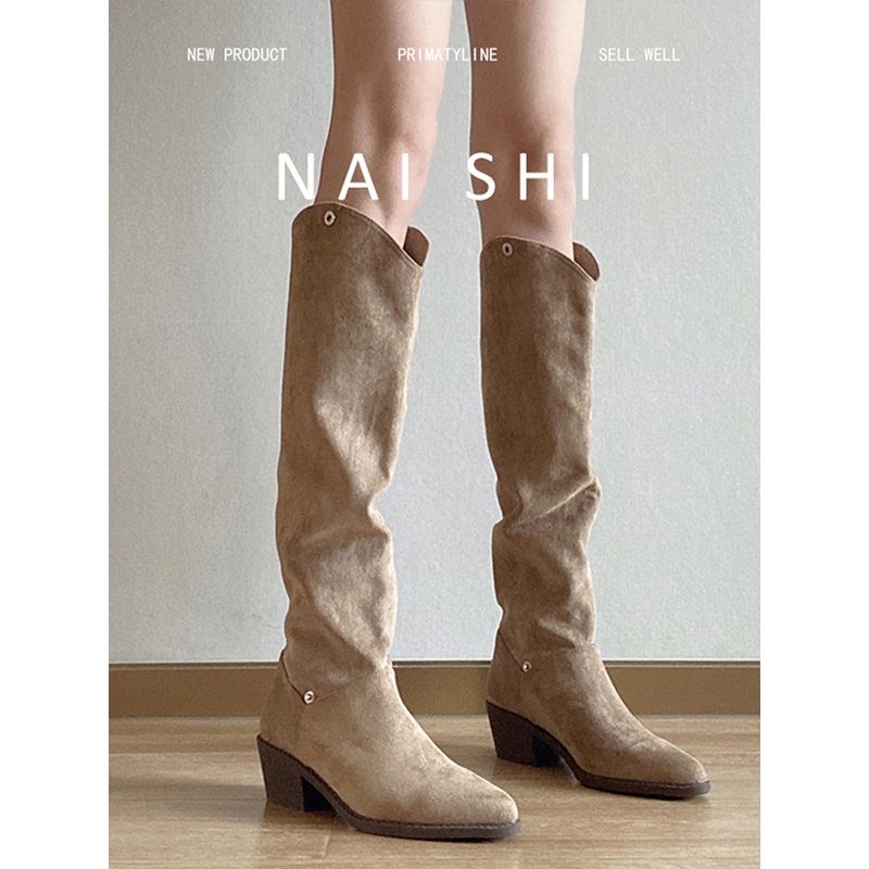 ！西部牛仔靴女v口尖头瘦瘦靴长靴粗跟高筒骑士靴高跟卡其色羊皮