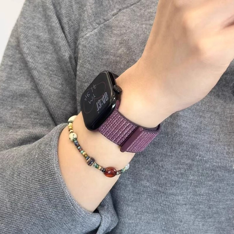 适用苹果手表表带iwatchs10新梅子色尼龙回环双扣applewatchs11高级se编织s9运动s8腕带Ultra2女9高级8男替换