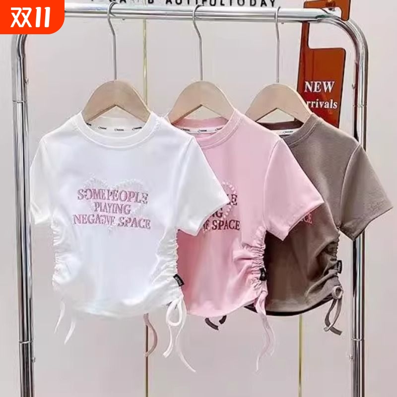 女童短袖t恤纯棉夏季儿童抽绳钉珠新款上衣爱心甜美女孩夏装衣服T