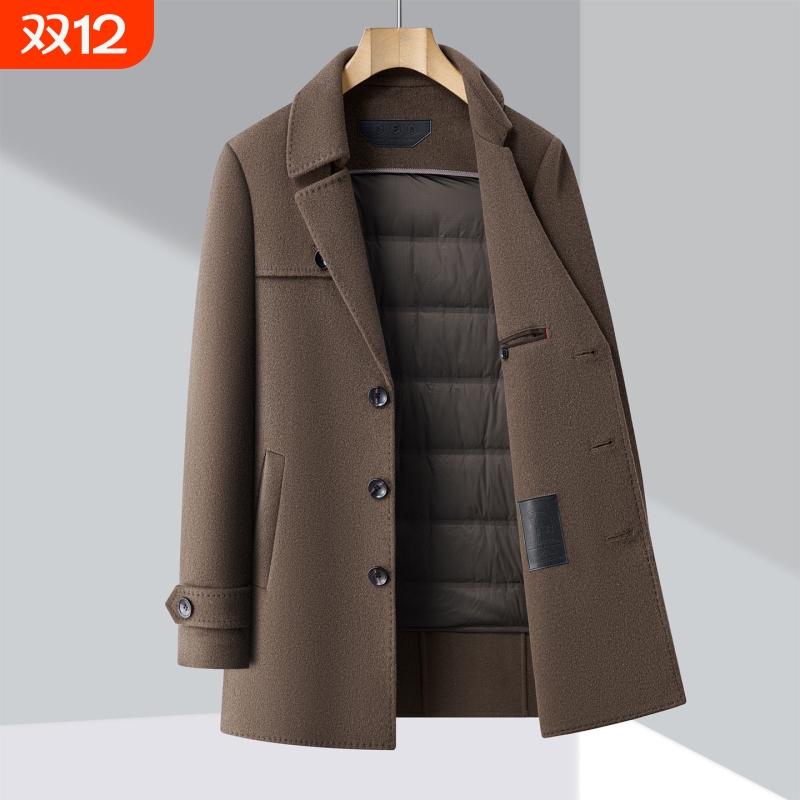 冬季可脱卸内胆羊毛呢子外套男士西装领加厚中长款保暖鸭绒大衣潮