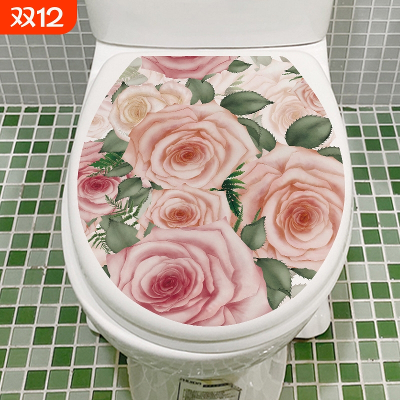 MT34028粉色玫瑰家用马桶盖贴纸厕所卫生间装饰防水自粘
