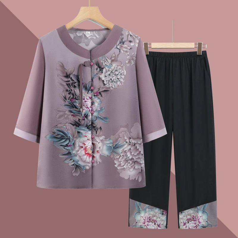 奶奶新中式套装老年人春夏装女妈妈中袖衬衫老太太衣服裤子两件套