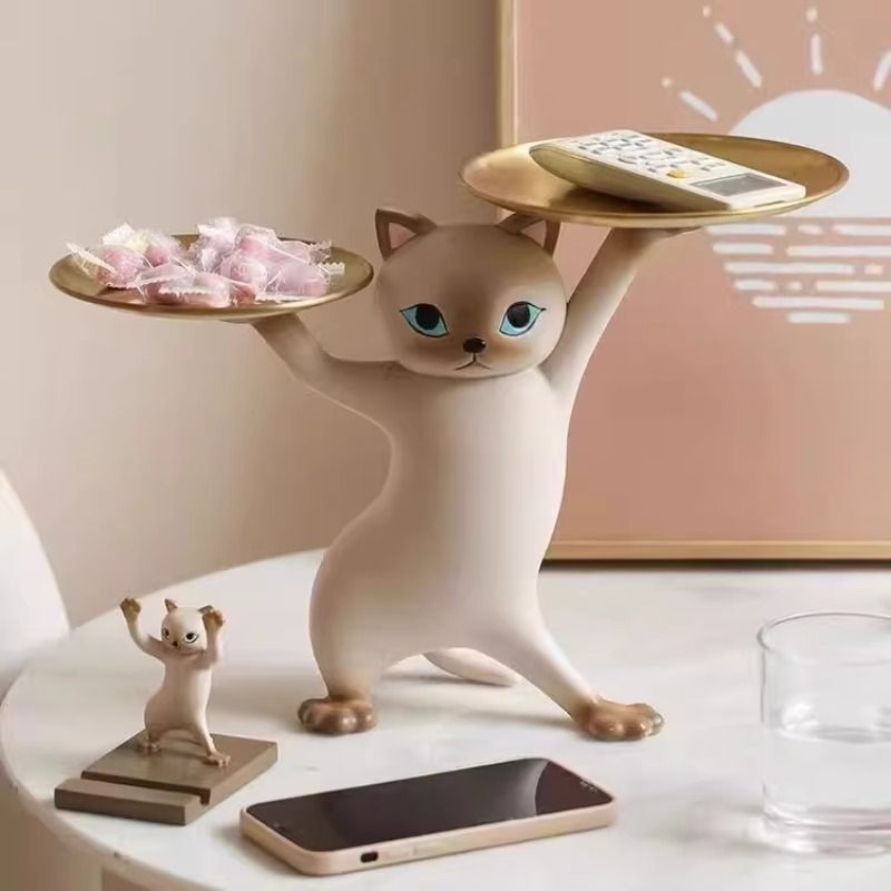 创意卡通沙雕妖娆猫摆件客厅玄关钥匙收纳桌面托盘乔迁新居礼物