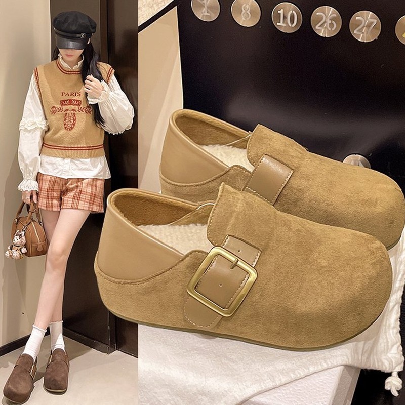 两穿勃肯鞋女2025秋冬新款厚底内增高加绒保暖棉鞋一脚蹬单鞋毛绒