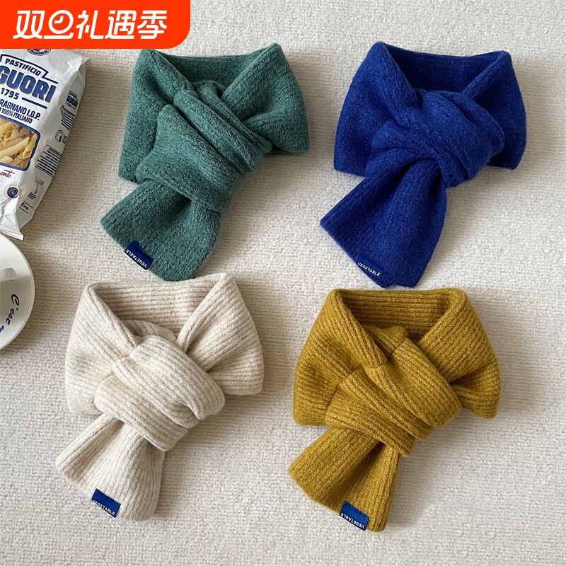 交叉短款小围巾女冬季保暖纯色毛线针织围脖学生韩版情侣款百搭男