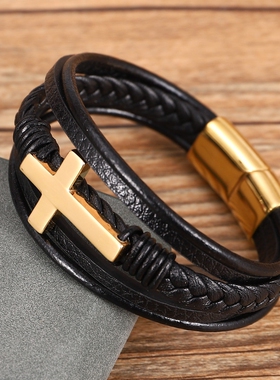 跨境热卖批发饰品不锈钢金色十字架男士手链多层编织跨境黑色手镯