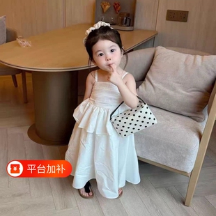 女宝宝夏季简约吊带裙女童夏装长裙白色纯棉裙子儿童装法式连衣裙