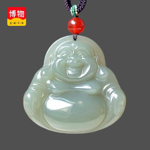 送证书天然和田玉吊坠湖水绿大肚弥勒佛公玉石挂件玉坠送礼15159