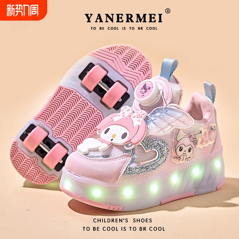 天使美乐蒂女童闪灯网面暴走鞋儿童两穿四轮轮滑运动鞋溜冰儿童鞋