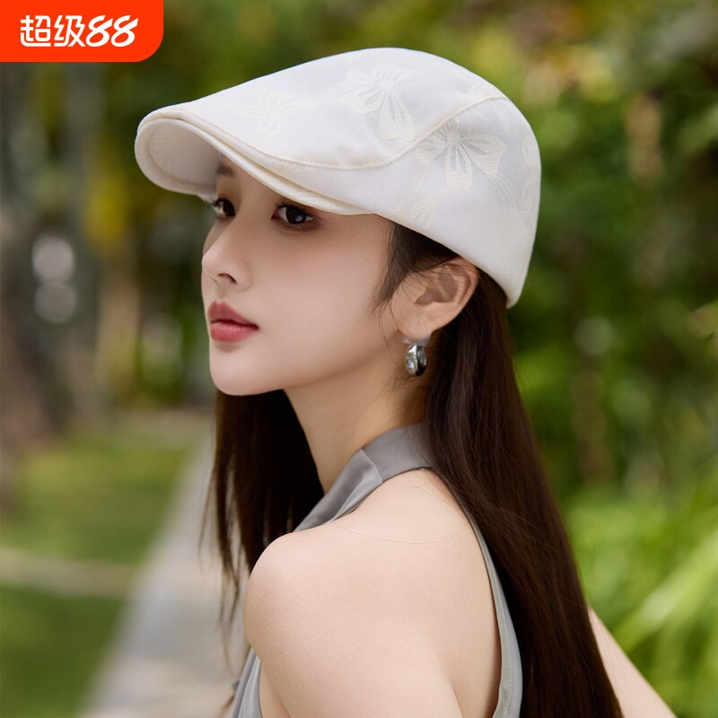 提花复古前进帽女新款鸭舌帽薄款反戴贝雷帽子画家帽白色遮阳户外