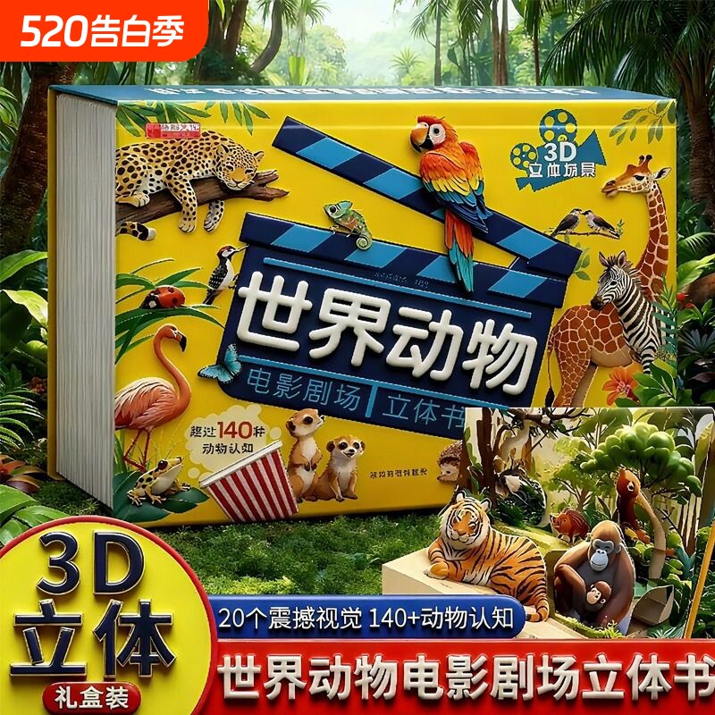 抖音同款世界动物立体书电影剧场3D正版书籍自然揭秘系列儿童科普学生百科全书早教认知翻翻书故事书看图认识启蒙书阅读益智
