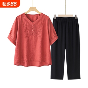 妈妈夏装棉麻套装女新款中老年女短袖T恤上衣奶奶纯棉衣服衬衫