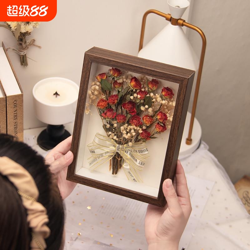 干花相框成品礼盒永生小花束黄玫瑰标本真花高级感摆件女生日礼物