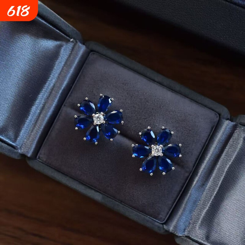 春夏清冷皇家蓝钻双生花花银色耳钉轻奢高级蓝色耳环时尚百搭饰品