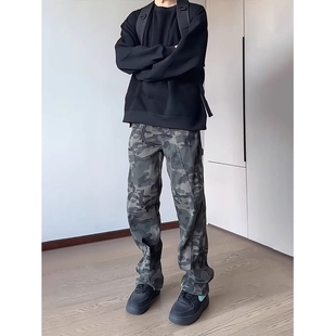 迷彩牛仔工装裤男款秋季美式复古vibe运动伐木裤子显瘦直筒裤微喇