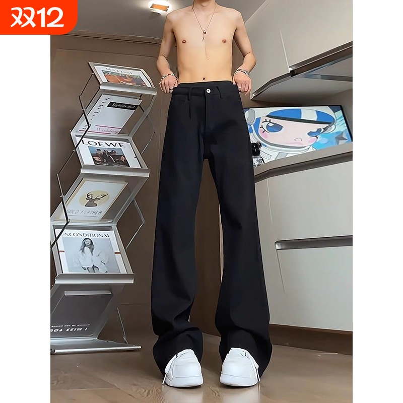 黑色休闲运动西裤男垂坠感复古日常通勤裤子大码vibe直筒微喇长裤