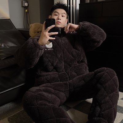 三层夹棉睡衣男士冬季珊瑚绒加绒