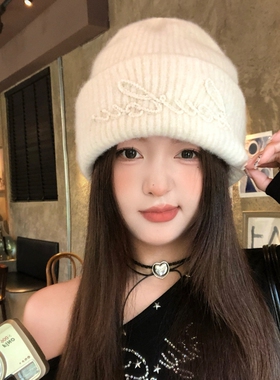 韩版字母兔毛针织帽女冬季加厚保暖毛线帽时尚套头帽子白色可折叠
