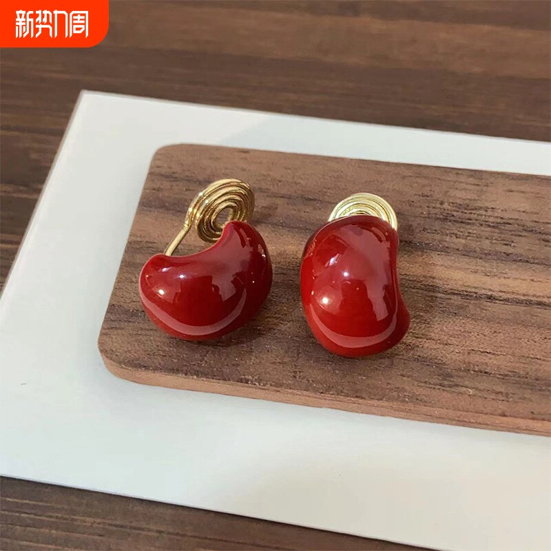 小糖豆红色滴油无耳洞蚊香盘耳夹清新甜美温柔气质彩色C型耳环女