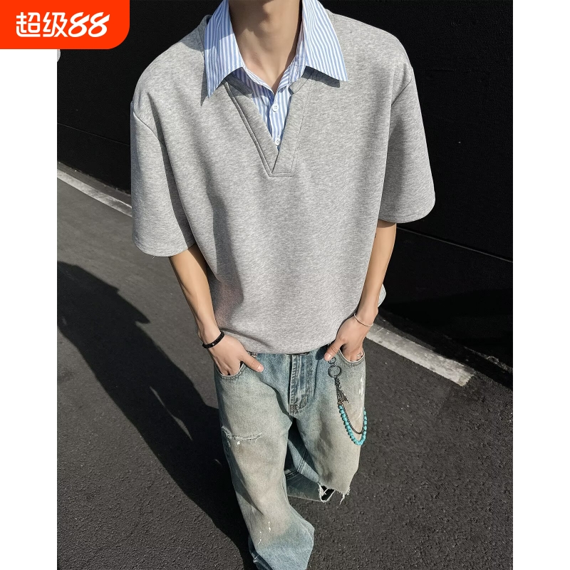 EXLUX小众设计感假两件t恤男潮牌拼接翻领短袖高级痞帅宽松半袖衫