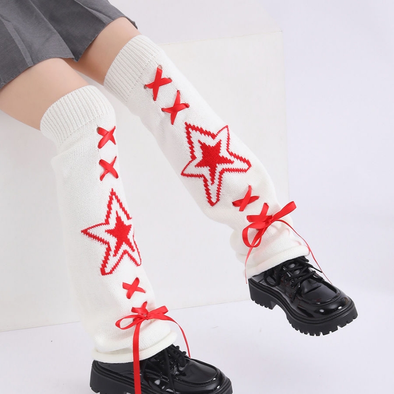 跨境针织喇叭口袜套jk辣妹堆堆袜套女喇叭形中长款星星保暖腿套
