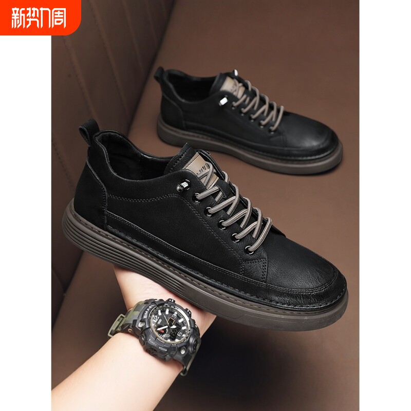 蜘蛛王男鞋冬季英伦风一脚蹬黑色皮鞋运动休闲板鞋耐磨防滑软底百