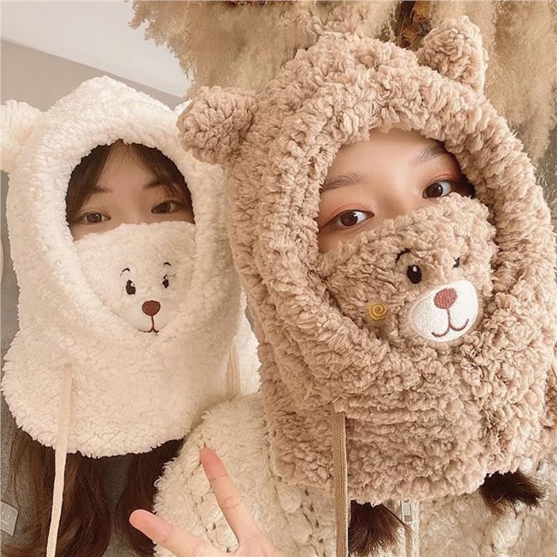 小熊帽子冬天可爱围巾口罩连帽女防风保暖一体护耳帽冬季毛绒围脖