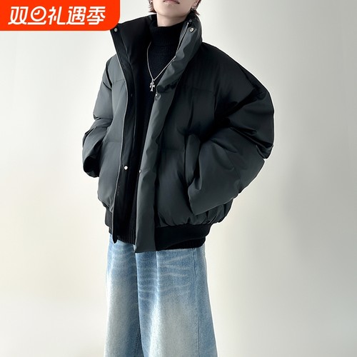 户外黑色廓形加厚立领短款休闲面包服外套保暖外套宽松羽绒服男装