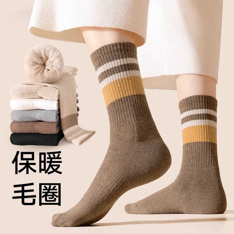 冬季条纹加绒加厚中筒袜