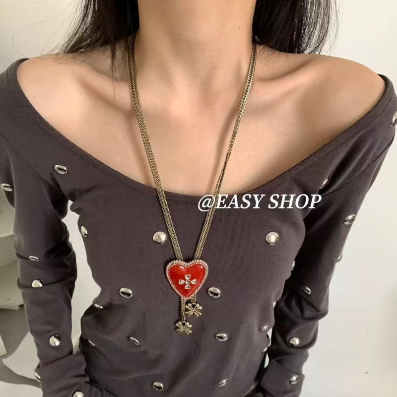 ins爱心十字架吊坠项链女时尚百搭长款毛衣链小众设计感锁骨链